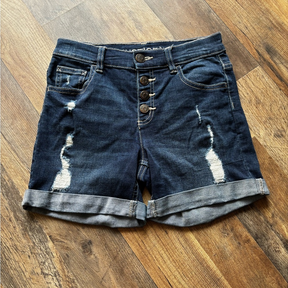 Justice Dark Wash Distressed Button Fly Denim Shorts